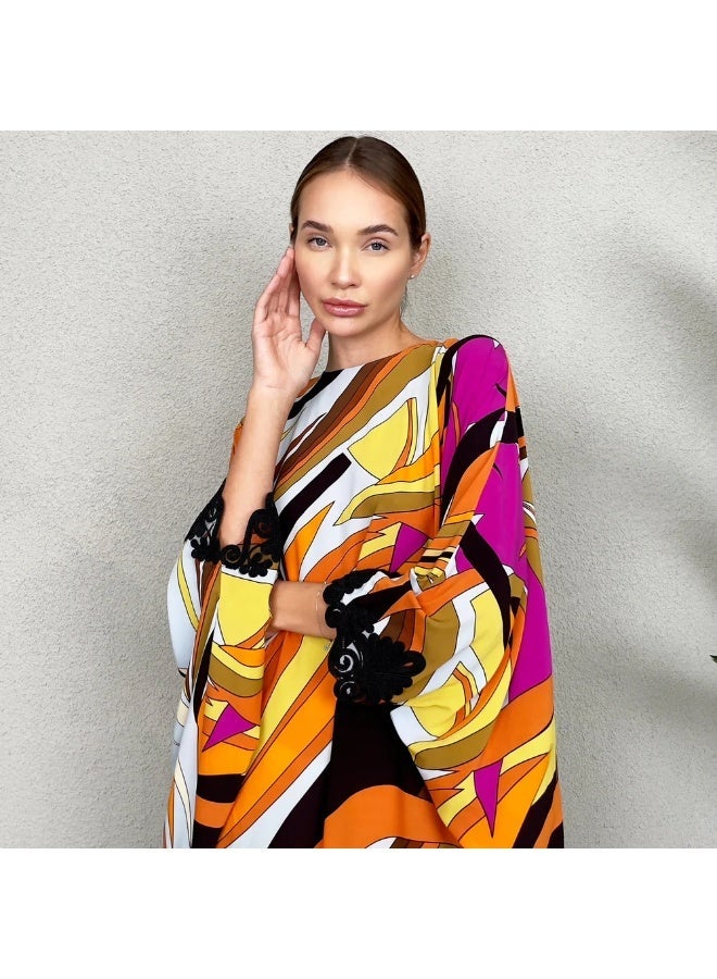 QABEELA RAM23 LOLA ORANGE 70S PRINT CREPE KAFTAN - Image 2